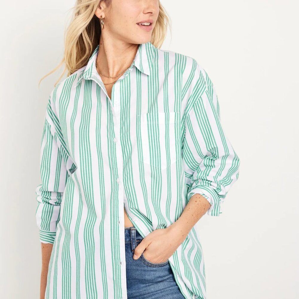 Old Navy Oversized Button Down Green Stripe Boyfriend Shirt Size Large